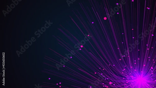 Computer generated flow of numerous small colored particles and thin lines from a central point. 3d rendering of hair effect and flower background