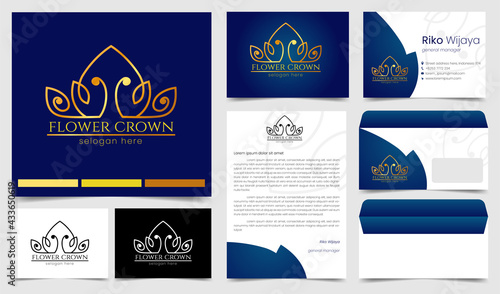 crown logo with line art style and corporate identity: business card, letterhead, envelope