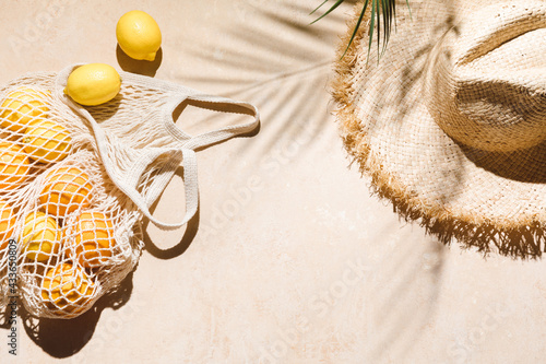 Canvas Print Summer flat lay on beige background