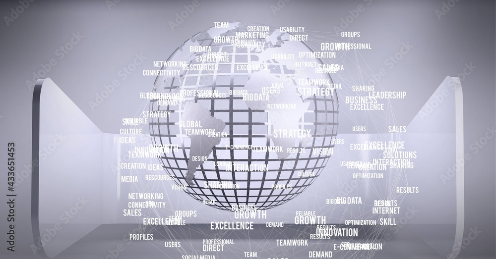 Fototapeta premium Business concept texts over globe against abstract shapes on grey background