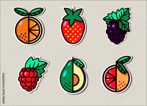 Set of icons with fruits. Vegetarian food. Icons can be used as package stickers for delivery, badge making, and garment decoration.