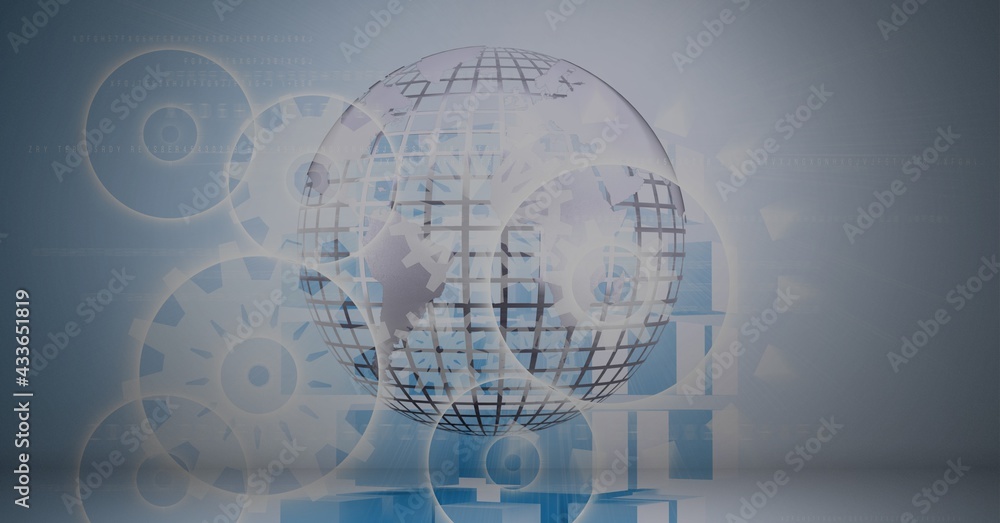 Obraz premium Composition of cogs working over globe on blue background