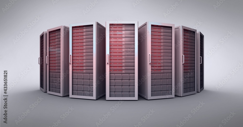 Composition of circle of red lit computer servers Composition of circle of red lit computer servers