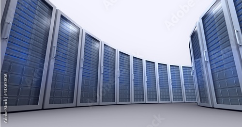 Composition of rows of blue lit computer servers