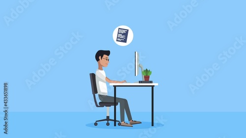 young man using desktop with business icons