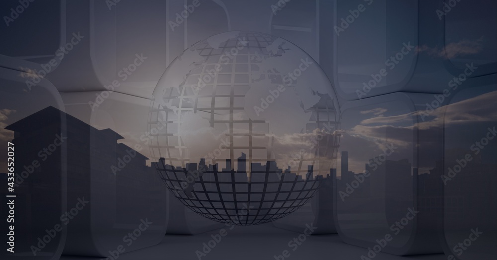 Composition of white globe over solar panels and cityscape in background