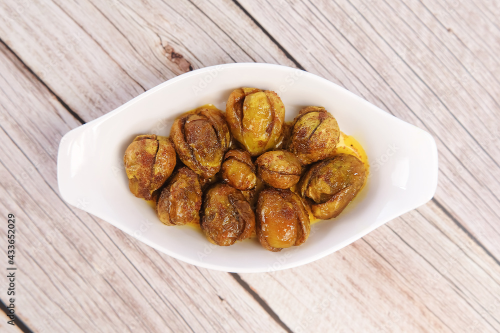 Fried spicy Brinjal or Eggplant Indian dish Fried spicy Brinjal or Eggplant Indian dish