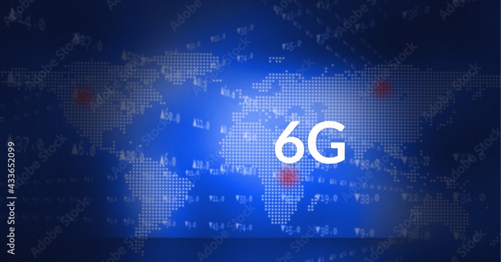Composition of 6g text and data processing over world map on blue background Composition of 6g text and data processing over world map on blue background