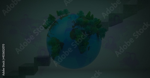 Composition of forest growing on planet earth with steps over green background