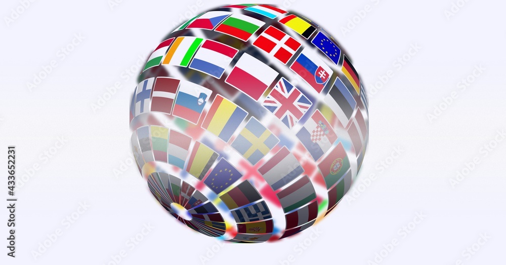 Obraz premium Composition of globe formed with national flags on white background
