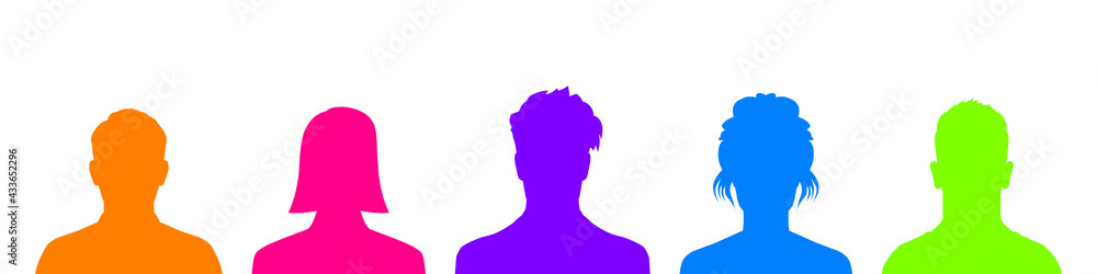 Conjunto de rostros de personas estilo silueta de colores. Cabeza masculina y femenina. Concepto de misterio o nuevos personajes. Ilustración vectorial