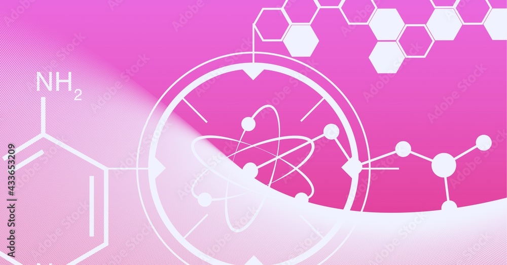 Composition of white chemical compounds structures on pink background