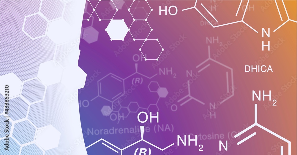 Composition of white chemical compounds structures on white and orange to purple background