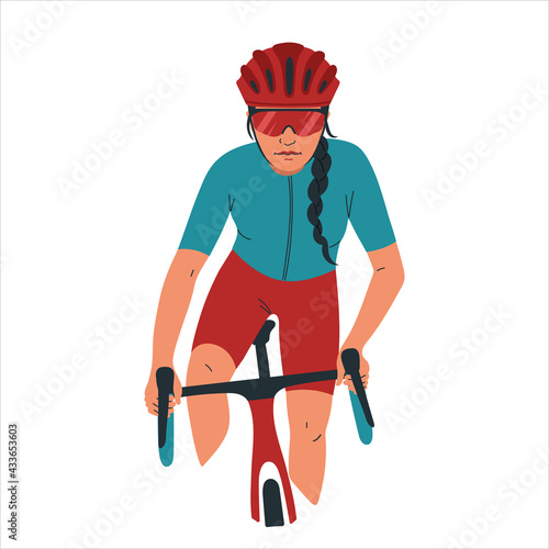 Woman cyclist at the race. Girl in bicycle uniform and helmet on the road, gravel bike. Cycling, marathon, speed competition, cardio training. Vector illustration isolated on white background
