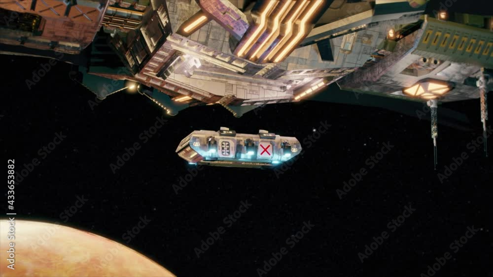 Animation of experimental spaceship releasing a small scout ship above alien planet Animation of experimental spaceship releasing a small scout ship above alien planet