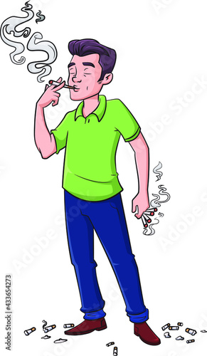 Cartoon vector illustration of a man chain smoking