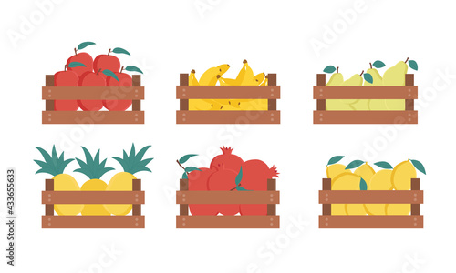 Wooden box of various fresh fruit set. Apple, banana, pear, pineapple, pomegranate, lemon. Vector cartoon illustration