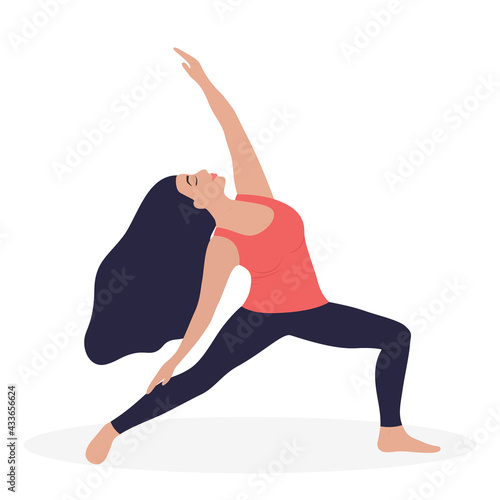 Vector of silhouette young Woman.Viparita Virabhadrasana, Reverse Warrior yoga pose. Girl doing exercise, meditation, aerobic. Body, mind and soul balance. Emotion connection. Flat sketch illustration