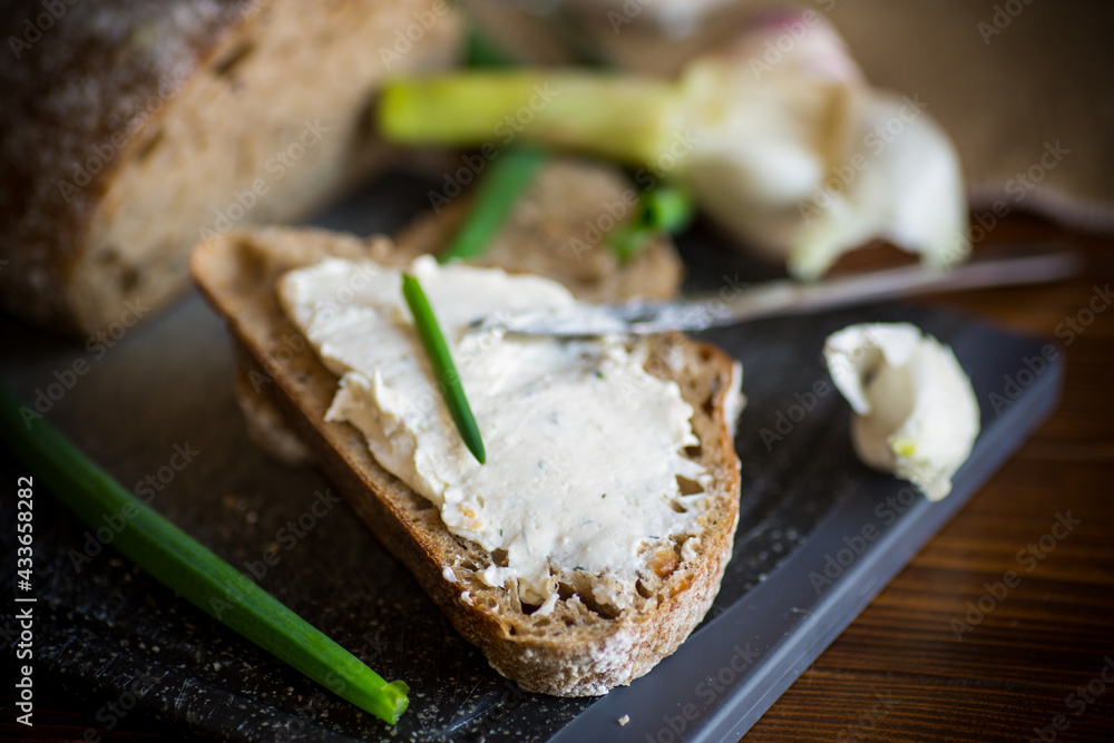 Homemade buckwheat bread with garlic cheese spread Homemade buckwheat bread with garlic cheese spread
