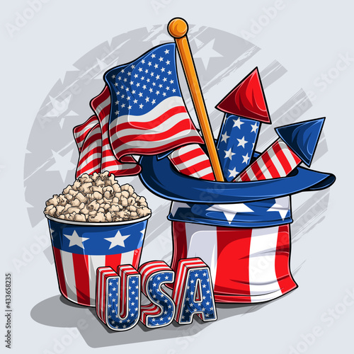 Uncle Sam hat with American flag fireworks popcorn and USA 3d letters