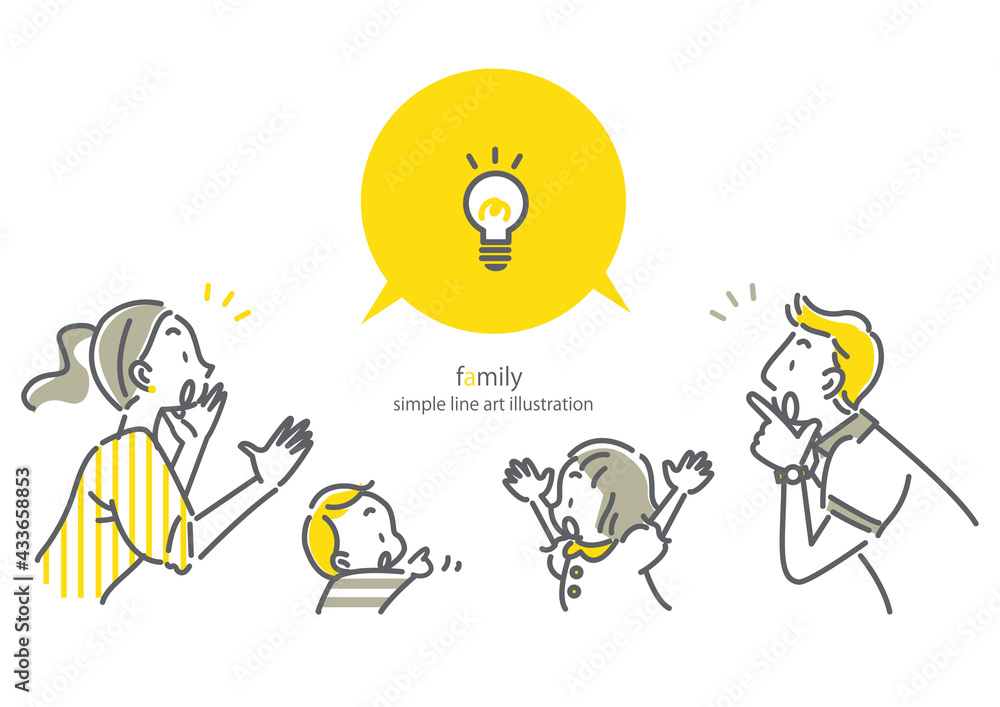 4人家族の指差しフレーム 吹き出し付き シンプルでお洒落な線画イラスト Stock Illustration Adobe Stock