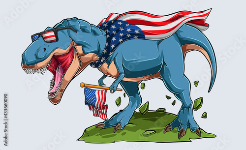 Blue angry T Rex dinosaur with American flag and USA sunglasses independence day 4th of July and memorial day