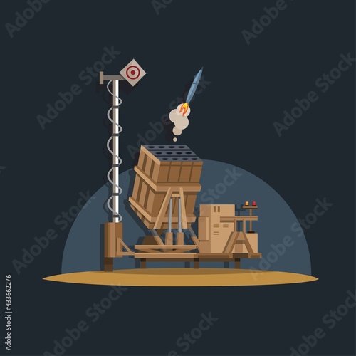 Iron dome air defense system, rocket destroyer in military weapon. concept in cartoon illustration