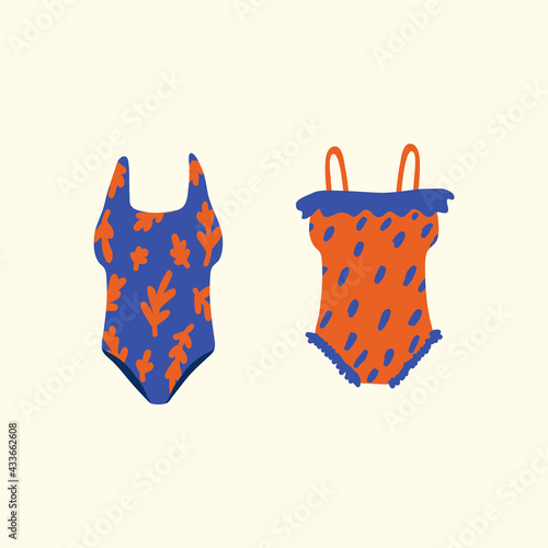 Illustration of swimsuits with a pattern. Summer, Bright, Colorful Bikinis, beachwear, swimwear, swimming trunks, shorts. Women's accessories for summer holidays on the beach. Vector illustration