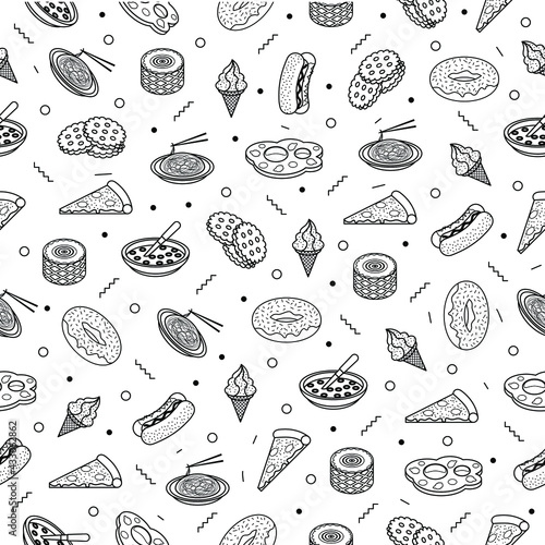Abstract Doodle Seamless Pattern Hand Drawn Fast Food Elements Vector Design Style Background Illustration Icons