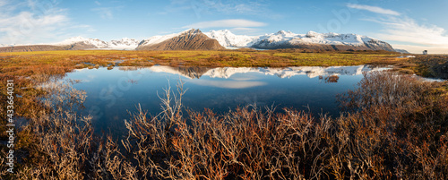 Icelandic mountain range with beautiful snowcapped mountains reflected into still water. Majestic panoramic view.