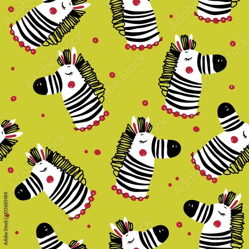 Seamless pattern with zebras. Cartoon zebras for textiles, wallpaper. Vector hand-drawn zebras background 
