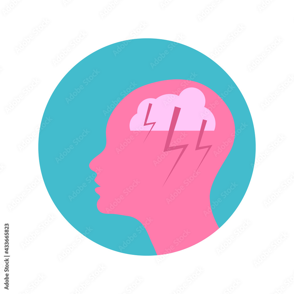 Pink silhouette of woman head with cloud and lightning, psychology and psychiatry sign. Depression, mental health weather concept. Vector flat illustration. Pink silhouette of woman head with cloud and lightning, psychology and psychiatry sign. Depression, mental health weather concept. Vector flat illustration.