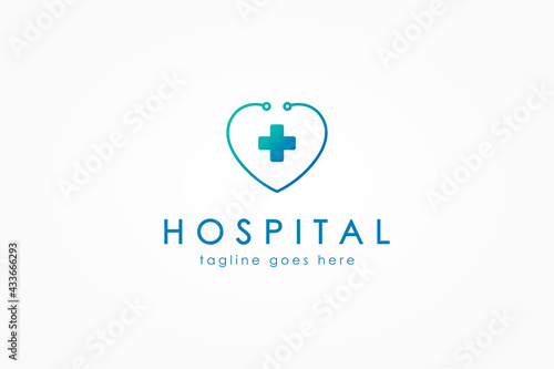 Healthcare Medical Logo. Blue Linear Heart Symbol with Stethoscope and Cross Plus Sign inside isolated on White Background. Flat Vector Logo Design Template Element.