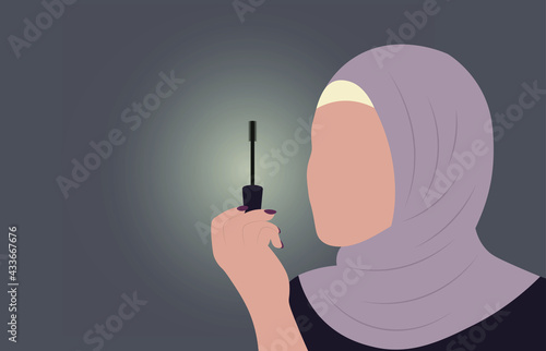 Arabic woman in hijab holding mascara put makeup, wearing traditional islamic clothes abaya faceless model from UAE or Saudi Arabia