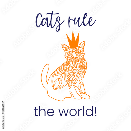 Doodle orang cat mandala with crown and quote - cats rule the world, for page adult coloring books, animal vector concept. Antistress design.