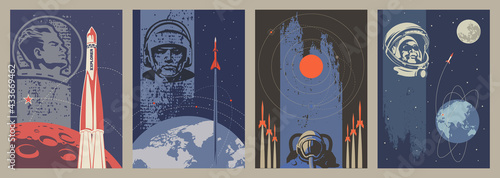 Old Soviet Space Propaganda Placards Stylization, Space Rockets, Astronauts, Planets