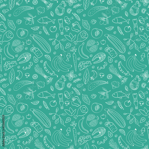 Healthy eating seamless pattern. Food doodles on green background. Vector illustration.