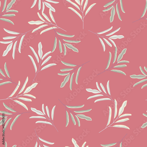 Abstract seamless pattern with random simple floral leaf branches silhouettes on pink background print.