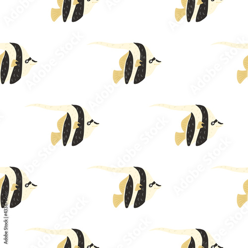 Underwater seamless pattern with doodle imperial angelfish shapes. White background. Simple style.