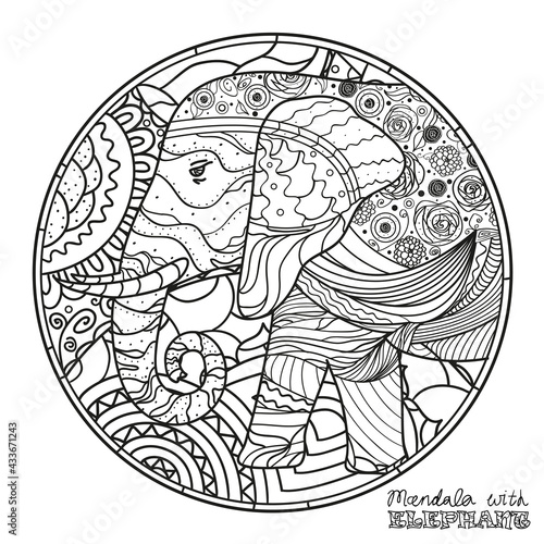 Elephant. Zen art. Detailed hand drawn mandala with abstract patterns on isolation background. Design for spiritual relaxation for adults. Black and white illustration for coloring. Design Zentangle