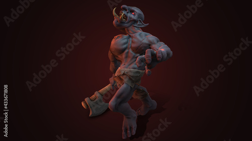 Fantasy character Troll Berserker in epic pose - 3D render on dark background 