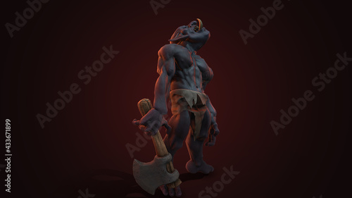 Fantasy character Troll Berserker in epic pose - 3D render on dark background 