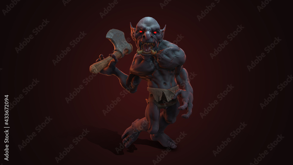 Fototapeta premium Fantasy character Troll Berserker in epic pose - 3D render on dark background