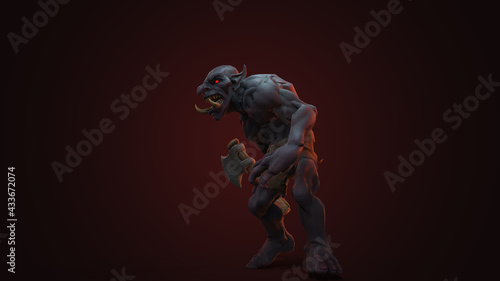 Fantasy character Troll Berserker in epic pose - 3D render on dark background 