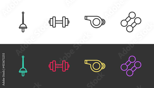 Set line Fencing, Dumbbell, Whistle and on black and white. Vector