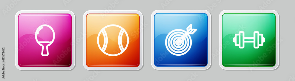 Set line Racket for playing table tennis, Tennis ball, Target with arrow and Dumbbell. Colorful square button. Vector Set line Racket for playing table tennis, Tennis ball, Target with arrow and Dumbbell. Colorful square button. Vector