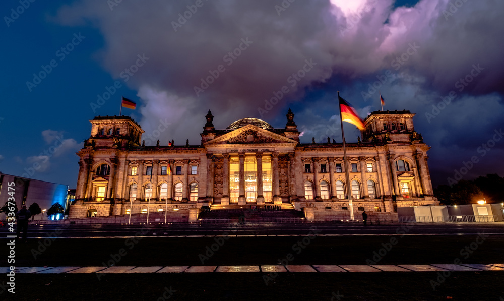 Illumanated Reichstag Building in Berlin, Germany