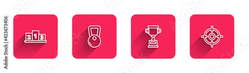 Set line Award over sports winner podium, Kettlebell, cup and Target with long shadow. Red square button. Vector