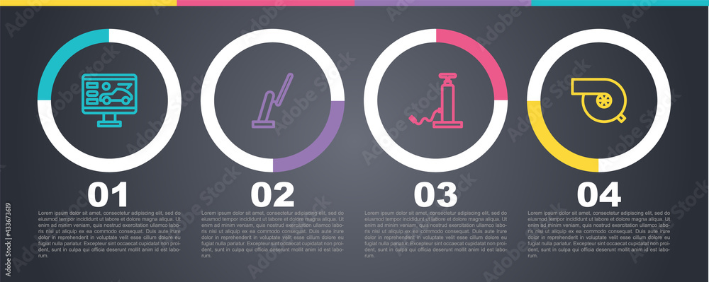 Set line Diagnostics condition of car, Windscreen wiper, Car air pump and Automotive turbocharger. Business infographic template. Vector Set line Diagnostics condition of car, Windscreen wiper, Car air pump and Automotive turbocharger. Business infographic template. Vector