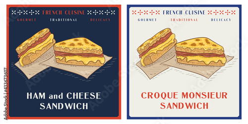 Croque monsieur is a Ham and Cheese Sandwich french food illustration photo